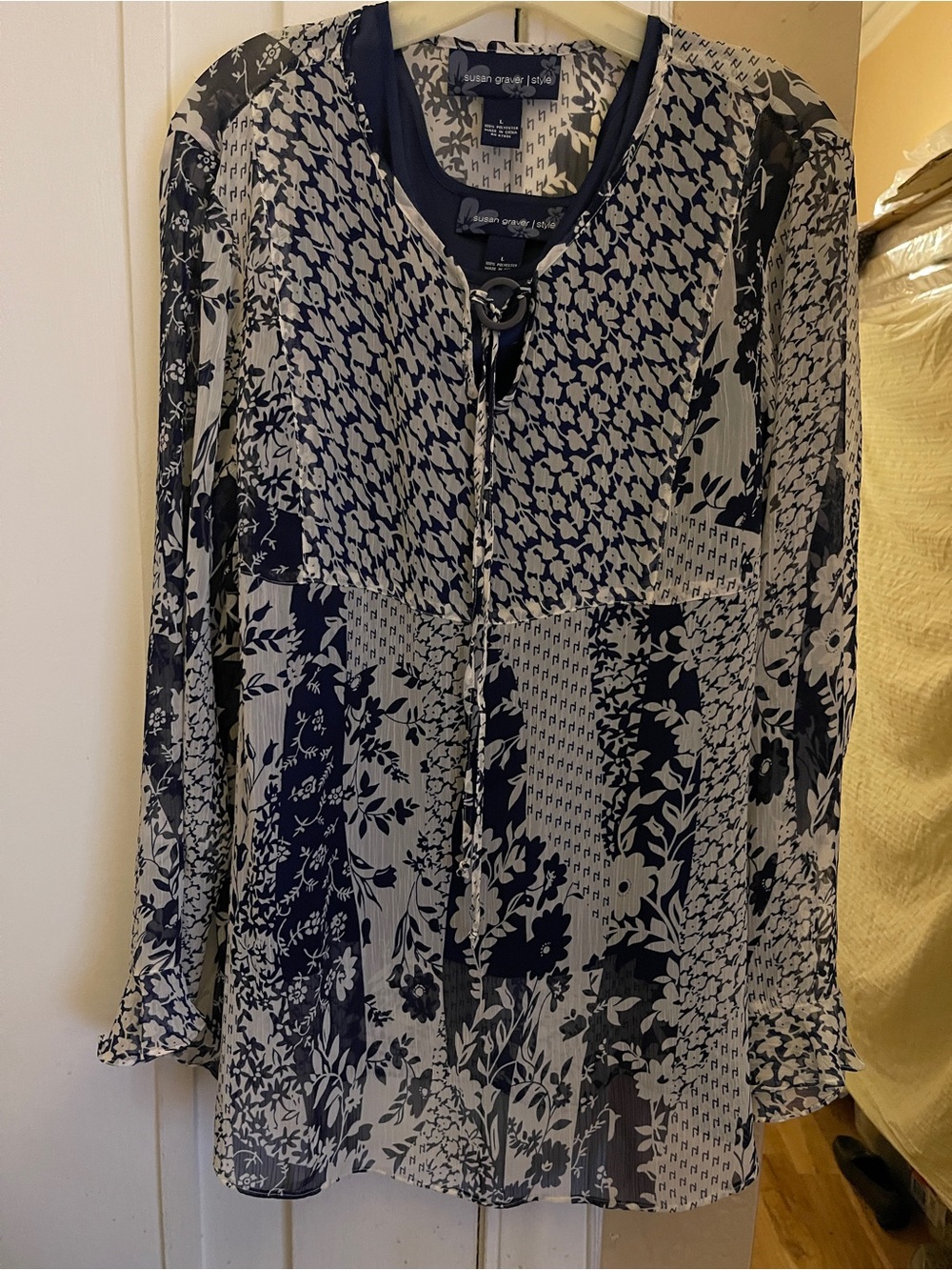 Susan Graver Navy and White Patchwork Print Tunic (NWOT)